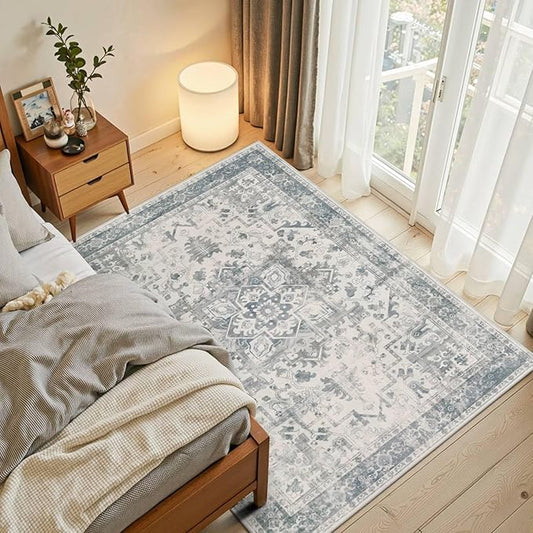 3x5 Washable Entryway Rug, Non Slip Boho Runner Rugs for Hallway, Entrance, Kitchen, Bathroom, Laundry Room, Soft Entryway Carpet, Throw Low Pile Retro Imitation Wool Carpet, Light Blue Grey