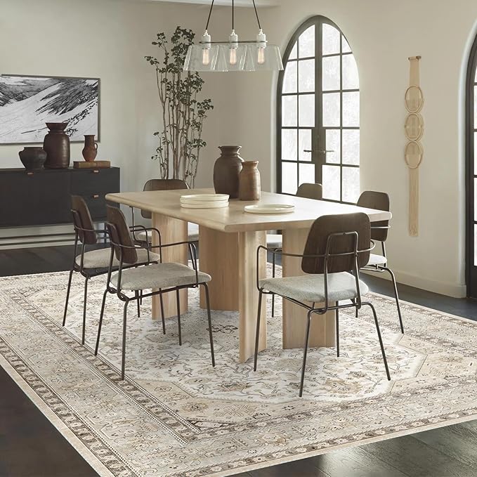 Washable Area Rug 6x9 - Bedroom Living Room Large Indoor Rugs Soft Oriental Vintage Rugs Non-Slip Backing Stain Resistant for Farmhouse Kitchen (6x9 Ivory/Multi)
