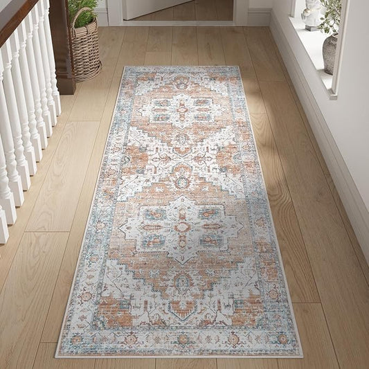 jinchan Tribal Runner Rug 2x7 - Kitchen Machine Washable Vintage Floral Non-Slip with Rubber Backing Ultra-Thin Low-Pile Carpet Runner for Hallway Entryway Bedroom Laundry Room (2x7ft,Orange)