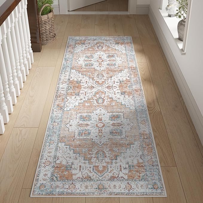 jinchan Tribal Runner Rug 2x6 - Kitchen Machine Washable Vintage Floral Non-Slip with Rubber Backing Ultra-Thin Low-Pile Carpet Runner for Hallway Entryway Bedroom Laundry Room (2x6ft,Orange)