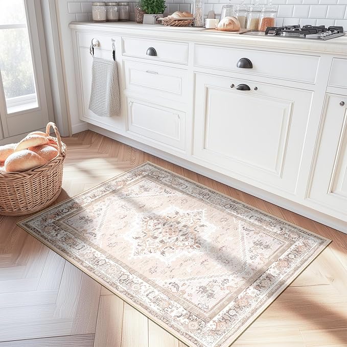 BESTSWEETIE 3x5 Area Rugs for Living Room Washable Non Slip Carpet Low Pile Soft Vintage Print Pattern Rug for Bedroom Dining Room Kitchen Entryway Indoor-Light Pink