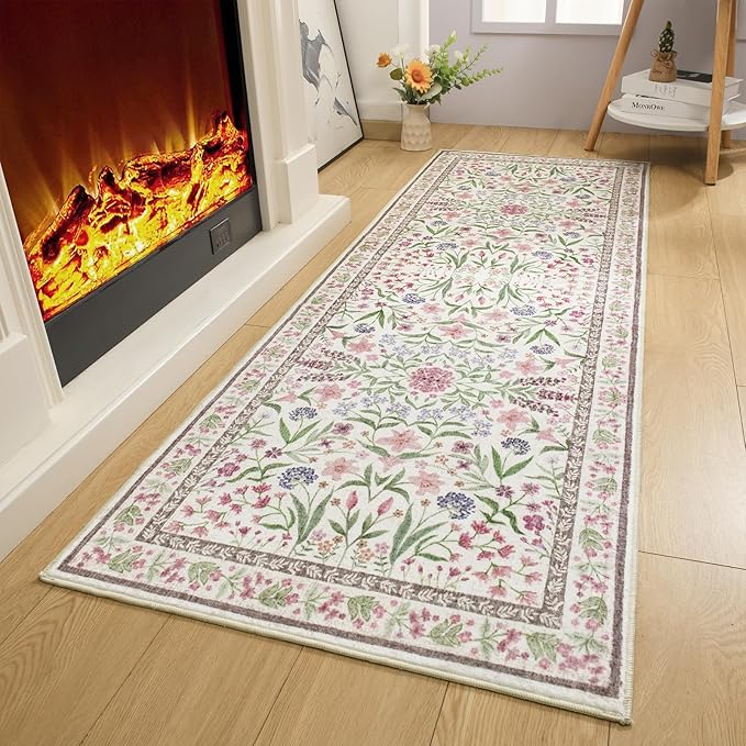 Amearea Pink Runner Rugs for Hallway, 2x6 Feet Area Rugs for Bedroom Girls, Washable Floral Collection Bedside Rugs Low Pile Print Carpet, Kids Room Entrance Kitchen Living Room Decor