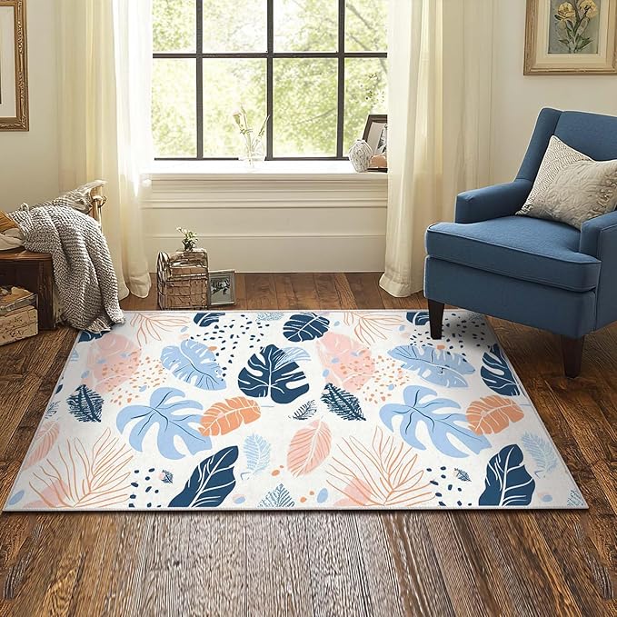 3x5 Entryway Rug Boho Botanical Tropical Leaf White Area Rug Bedroom Bedside Ultra-Thin Soft Small Carpet Bathroom Non Slip Indoor Entrance Low Pile Door Mat Kitchen Stain Resistant Washable Machine