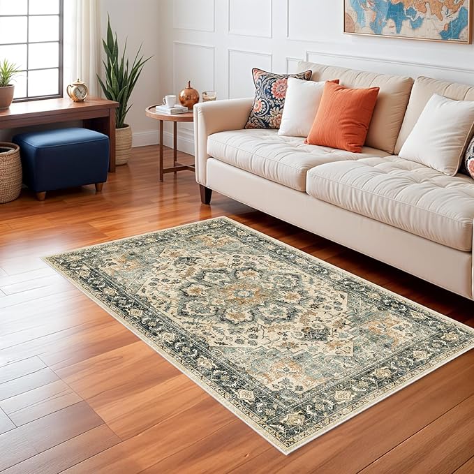 Washable Area Rug Vintage - Living Room Farmhouse Oriental Rug 3x5 Distressed Non-Slip Stain Resistant Carpet for Bedroom Dining Room Home Kitchen Office (3x5 Sage Green/Orange)