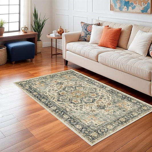 Washable Area Rug Vintage - Living Room Farmhouse Oriental Rug 3x5 Distressed Non-Slip Stain Resistant Carpet for Bedroom Dining Room Home Kitchen Office (3x5 Sage Green/Orange)