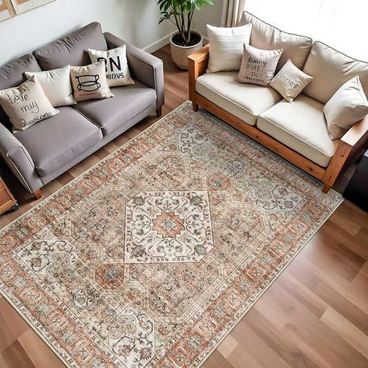 Washable 5x7 Living Room Rug: Oriental Non-Slip Area Rugs for Bedroom Non Shedding Accent Farmhouse Dining Room Carpet Soft Low Pile Mat for Nursery Room Home Office 5x7 Orange/Brown