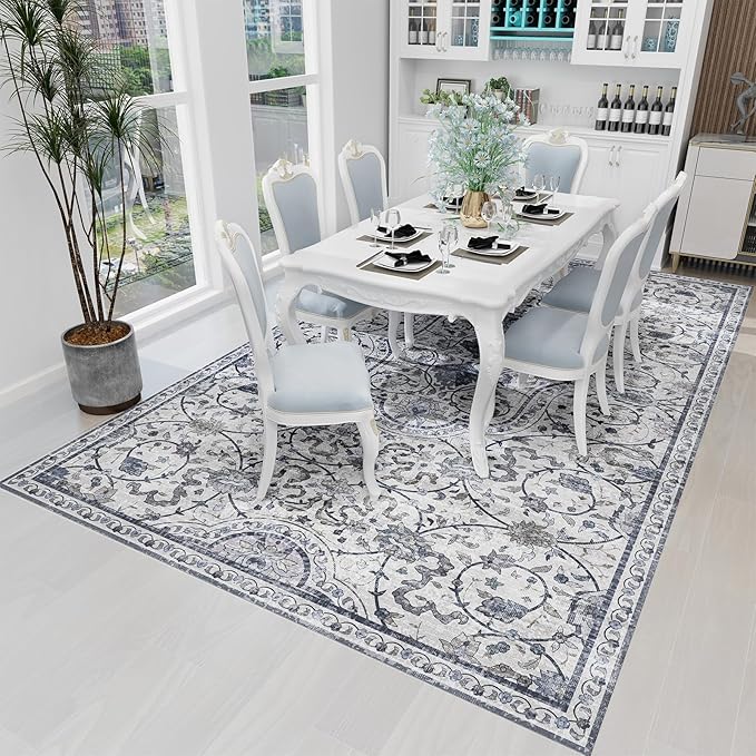 SALLOUS Vinyl Floor Mat for Home, 4x6ft Area Rug for Living Room, Non-Slip Waterproof Floor Mat for Bedroom, Washable Area Mat for Kitchen, Bathroom, Entryway (Grayish Blue Bohemian-Style)