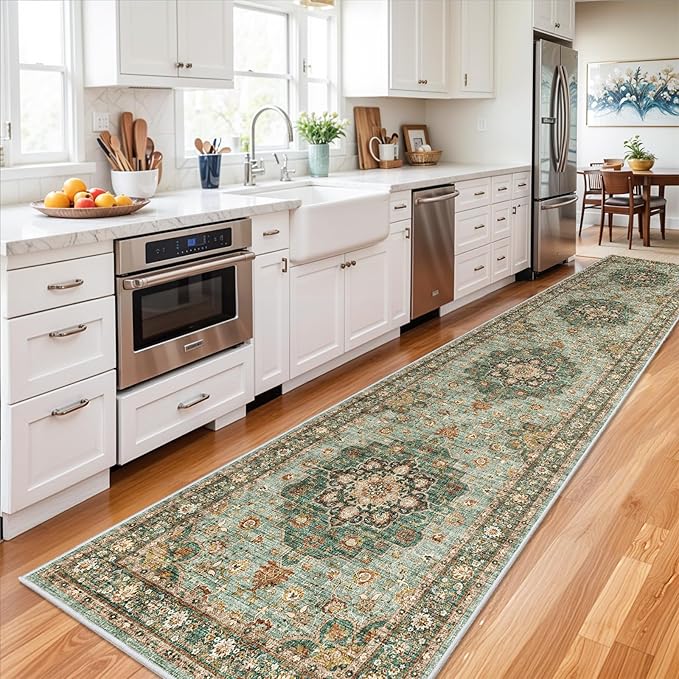 Washable Oriental Hallway Runner Rug - 3x14 Rugs for Living Room Soft Carpet for Bedroom Kitchen Waterproof Floral Distressed Indoor Stain Resistant Non-Shedding Floor Carpets (Green, 3X14)