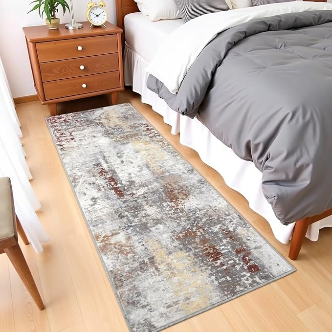 Washable Abstract Runner Rug, 2x6 Modern Area Rugs with Non-Slip Rubber Backed for Kitchen, Thin but Soft Contemporary Carpet Bedroom Entryway Hallway Decor, Rusty Brown