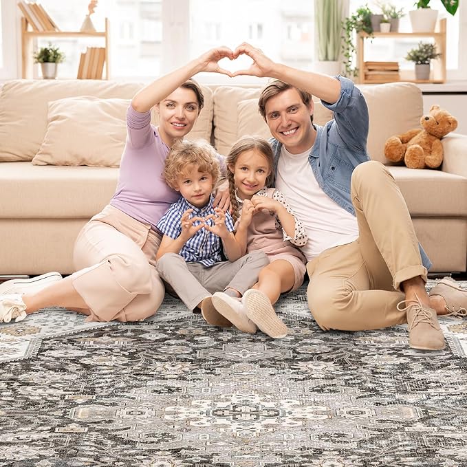 Washable Area Rug 9x12 - Bedroom Living Room Large Indoor Rugs Soft Oriental Vintage Rugs Non-Slip Backing Stain Resistant for Farmhouse Kitchen (9x12 Black/Ivory)