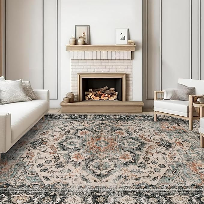 Washable Area Rug 9x12 - Living Room Farmhouse Vintage Oriental Rug Large Distressed Non-Slip Stain Resistant Carpet for Bedroom Dining Room Home Office (9x12 Sage Green/Orange)