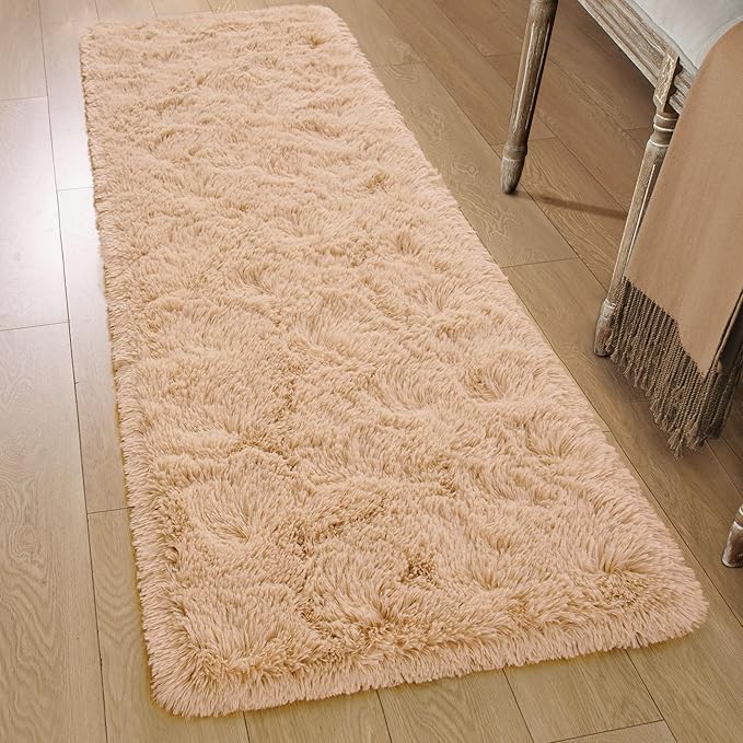 Tepook Soft Runner Rugs for Bedroom 2x6 ft with Rubber Backing, Beige Fluffy Rugs for Living Room, Shag Bedside Rug Fuzzy Plush Carpet for Room, Area Rug for Dorm Nursery Hallway Indoor Home Decor