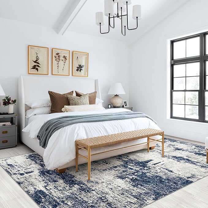 Washable Rug 6x9 Area Rugs: Soft Large Living Room Rug with Anti-Slip Backing Non-Shedding Stain-Resistant Modern Abstract Carpet for Bedroom Dining Room Nursery Home Office-Gray/Blue