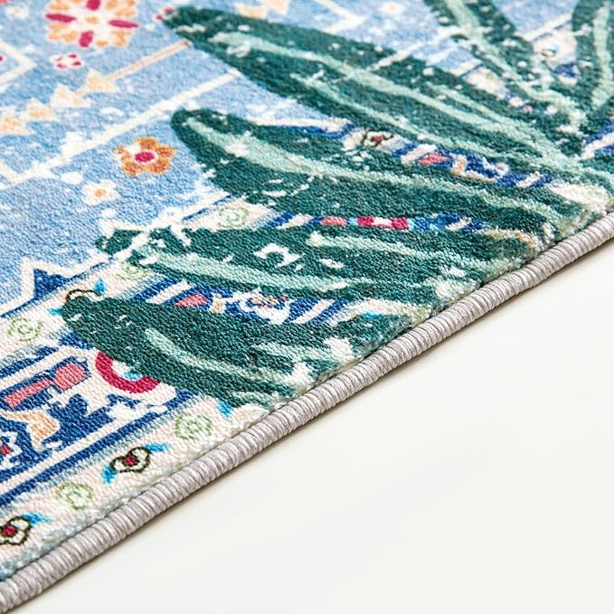 Washable Blue Rugs Thin Oriental Boho Vintage Tropical Leopard 4ft Round Area Rugs for Bedroom Kitchen Dining Living Room Office Distressed Jungle Plants Indoor Entryway Circle Carpet