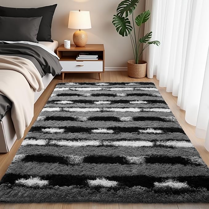 Zentavio Area Rugs for Living Room Rugs for Bedroom 4x6 Carpet Fluffy Fuzzy Soft Shag Aesthetic Plush High Pile Throw Rug for Nursery Kids Room Dorm Vertical Stripes Black White