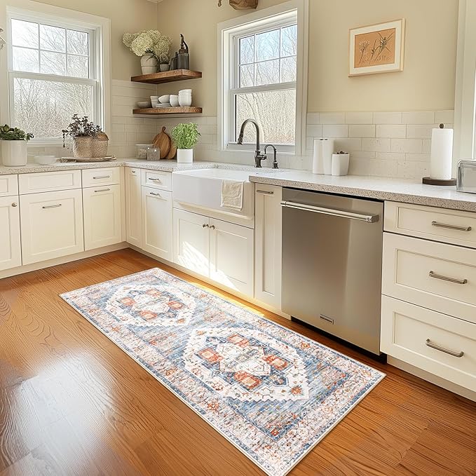 Washable 2x6 Area Rugs, Rugs for Living Room, Low-Pile Water&Stain Resistant Carpet Vintage Distressed Printed Non-Slip Carpet for Bedroom Bathroom Kitchen-Blue