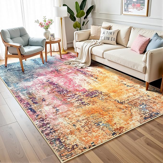 4x6 Colorful Washable Area Rug for Living Room Bedroom, Modern Abstract Non-Slip Rugs, Low Pile Soft Stain Resistant Carpet for Dining Room, Kitchen, Office, Dorm, Bedside Decor