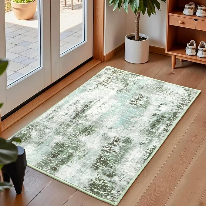 Washable Abstract Rug, 2x3 Small Modern Area Rugs with Non-Slip Rubber Backed for Kitchen, Thin but Soft Throw Carpet Bedroom Entryway Front Door Decor, Green