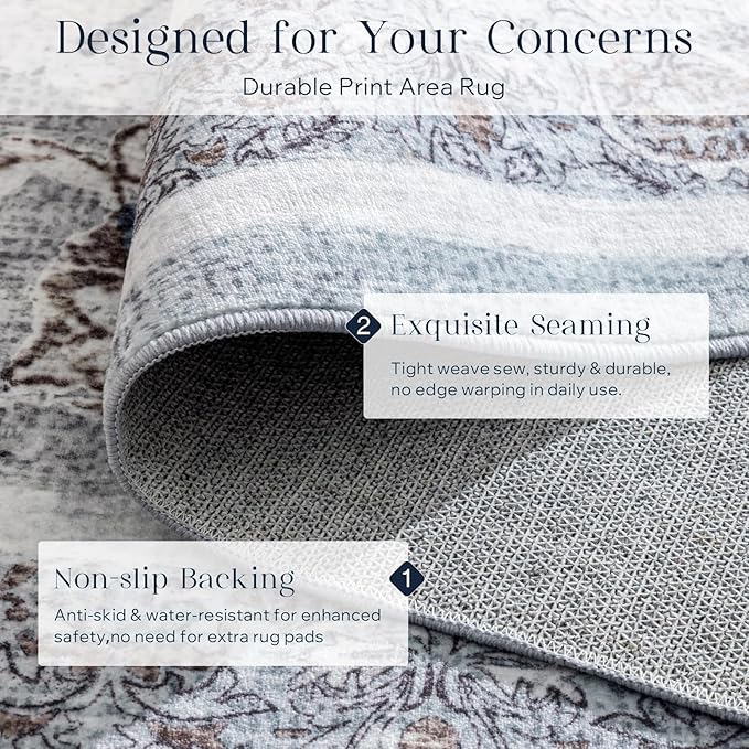 Phantoscope Hallway Runner - Boho Washable Non-Slip Kitchen Rug, Ultra-Thin Vintage Distressed Accent Throw for Entryway Laundry Bathroom Bedroom, Light Grey/Neutral, 2'x6'