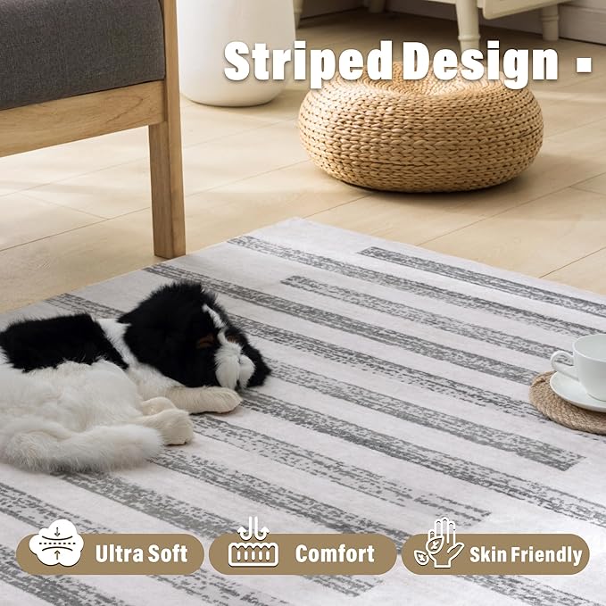 Carvapet Rugs for Living Room, Soft Striped Modern Boho Low Pile Large Carpet with Rubber Backing, Foldable, Non Slip Machine Washable (7 x 5 Feet Rectangular, Grey/Green Area Rug)