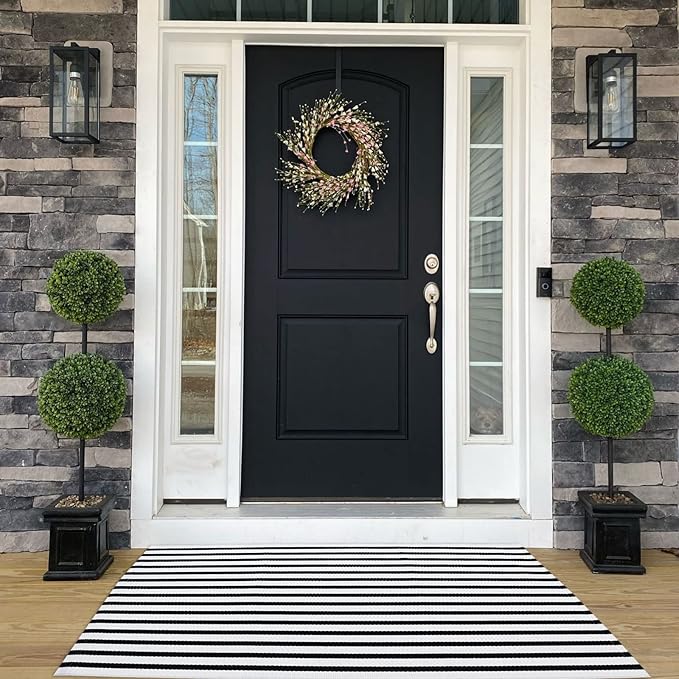 Black and White Outdoor Rug 3' x 5' Striped Front Porch Rug Hand-Woven Cotton Rug Machine Washable Floor Mat Indoor/Outdoor Area Rug for Layered Door Mats/Farmhouse/Living Room (3' x 5')