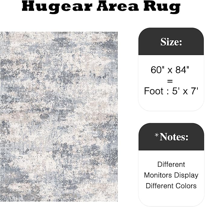 5x7 Washable Rugs Hallway Area Rug Blue Abstract Non Slip Low Pile Carpet for Bedroom Living Room Office Dining Room Kitchen Laundry Room