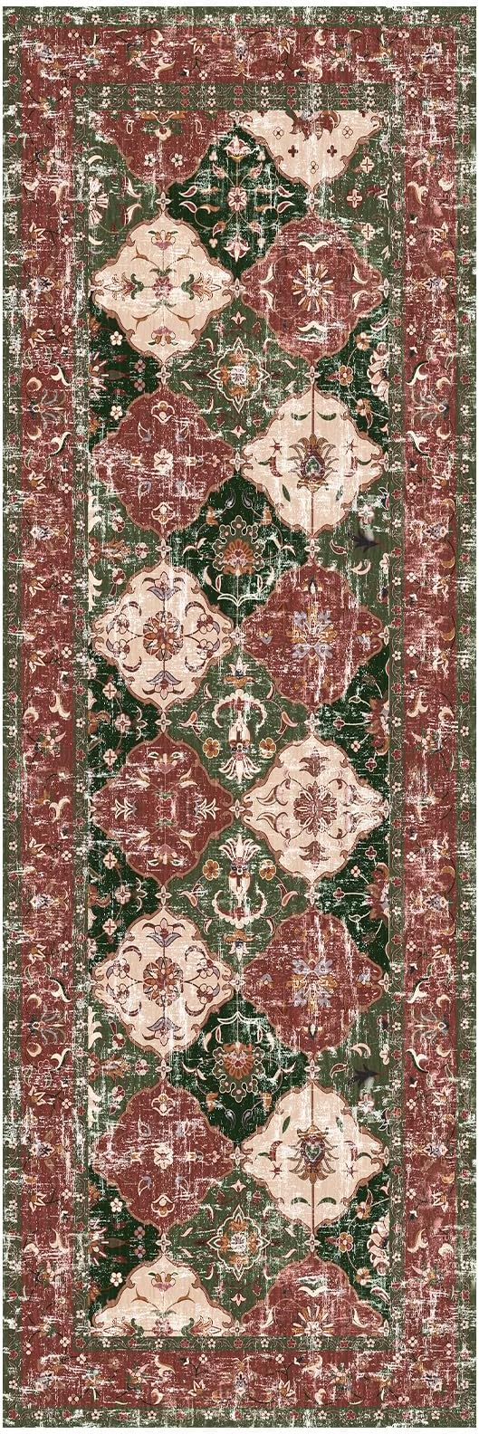 Boho Vintage Area Rugs 2×6 Washable Non-Slip Traditional Red and Green Runner Rug for Hallway Kitchen Entryway