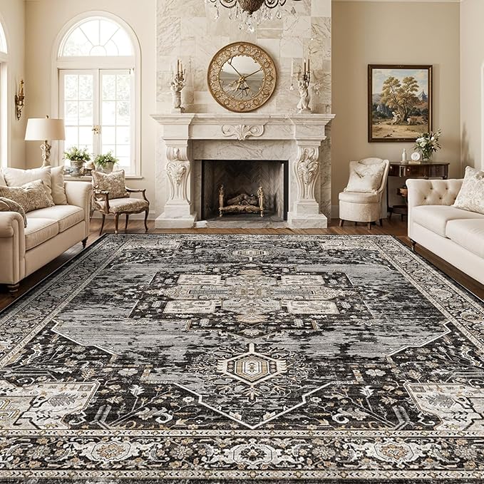 RUUGME Washable 10x14 Area Rug - Soft Area Rugs for Living Room Stain Resistant Carpet Vintage Lightweight Rugs for Bedroom with Non Slip Backing Indoor Ultra-Thin Rugs Home Decor 10x14 Black