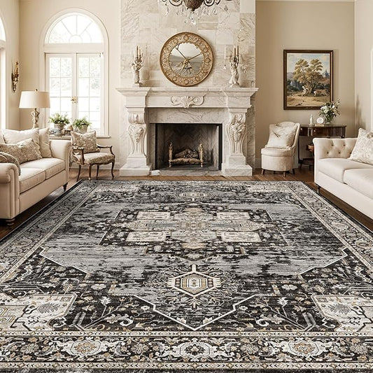 RUUGME Washable 10x14 Area Rug - Soft Area Rugs for Living Room Stain Resistant Carpet Vintage Lightweight Rugs for Bedroom with Non Slip Backing Indoor Ultra-Thin Rugs Home Decor 10x14 Black