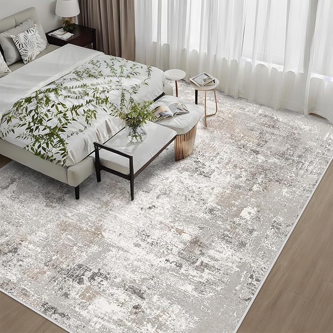 12x12ft Square Living Room Rug – Non-Slip Washable Extra Large Floor Carpet for Bedroom, Dining Room, Playroom Room – Modern Abstract Neutral Thin Low-Pile Big Indoor Rug (Beige,Grey)