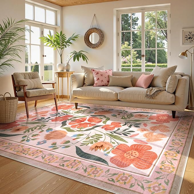 Beeiva Floral Washable Beige Rugs, 8x10 Area Rugs for Living Room with Low Pile, Non Slip Non-Shedding Carpet for Dorm Nursery Kids Room (Beige,8'x10)