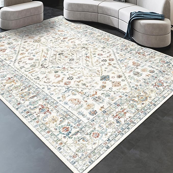 Area Rug 8x10 Washable Rug Cream Indoor Foldable Thin Retro Accent Area Rug Floral Non Slip Carpet Living Room Dining Room Office (Cream Base 8x10