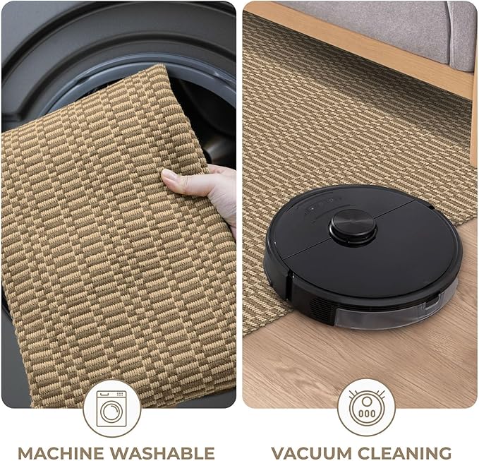 KOZYFLY Washable Runner Rug 2x5 Ft Runners for Hallways Rubber Backed Throw Rug, Braided Cotton Entryway Runner Indoor, Carpet Runners for Hallway Kitchen Entryway Bedroom, Beige/Khaki