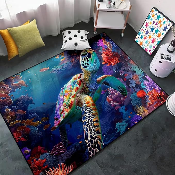 Sea Turtle Area Rug - Sea Turtle Rug for Bedroom Coral Ocean Theme Rugs Ocean Life Decor, 47" L x 39" W
