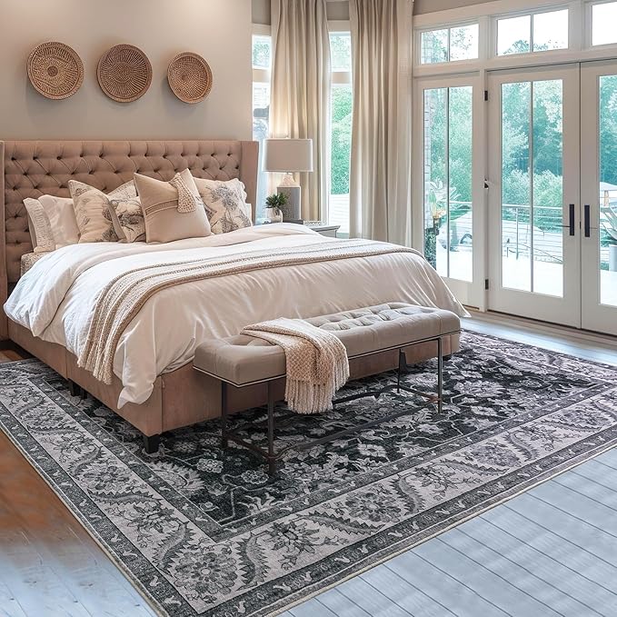 Area Rugs for Living Room, 4x6 Washable Rugs for Bedroom, Non-Slip Retro Floral Carpet for Entryway Office Kitchen Dining Room, Grey