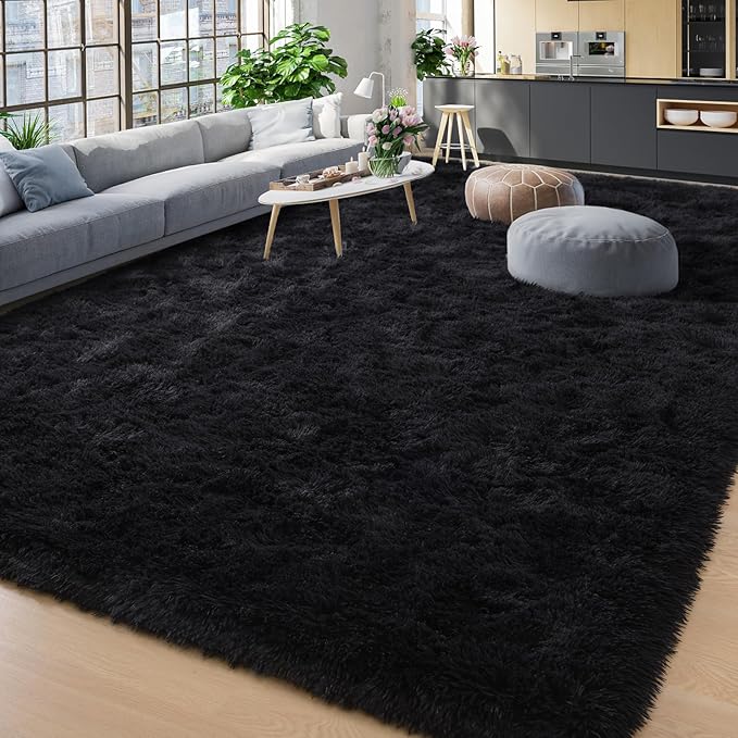 YJ.GWL Area Rugs for Living Room Bedroom, 5x8 Machine Washable Large Black Carpet, Soft Fluffy Shaggy Thick Big Shag Indoor Floor Rug for Kids Boy and Girls Room Dorm Home Decor Aesthetic