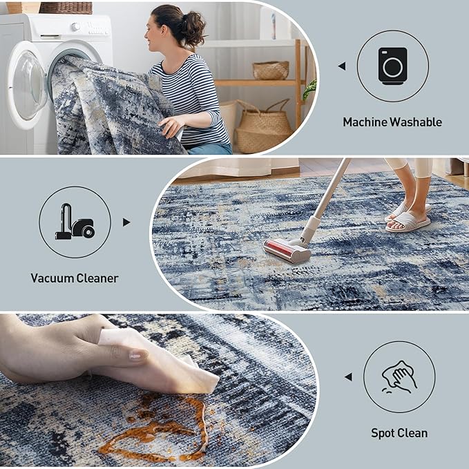 10x14 Area Rugs Washable Rug: Modern Abstract Living Room Rug Soft Anti-Skid Thin Carpet Indoor Floor Non-Shedding Carpets for Bedroom Dining Room Farmhouse Nursery Home Office Blue Gold