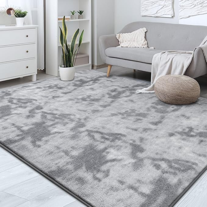 FlyDOIT Large Area Rugs for Living Room Bedroom, 6x9 Ft Tie-Dyed Light Grey Ultra Soft Comfy Thickened Memory-Foam Indoor Carpets, Cozy Modern Floor Rug for Boys Girls Playroom Dorm Nursery Home Décor