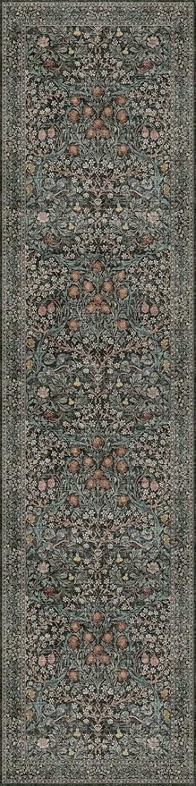 Washable Dark Green 2x10 Runner Rug for Hallway, Kitchen, Laundry Room, 10 ft Non Slip Stain Resistant Extra Long Soft Rugs, Vintage Floral Unique Botanical Floor Mat