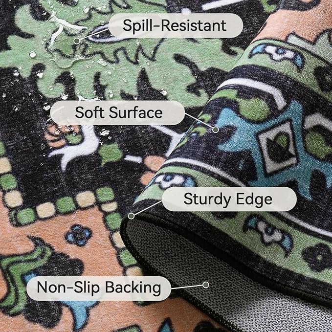 3x5 Area Rug, Vintage Floral Rug for Living Room, Small Area Rugs for Bedroom, Non-Slip Washable Rug, Traditional Persian Boho Style, Fluffy Low-Pile Soft Carpet, Dark Green