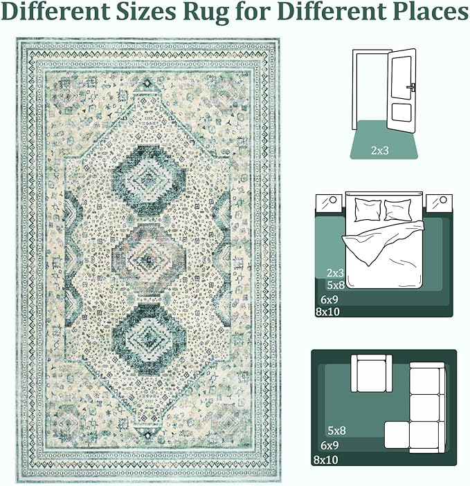 Maxsoft 5X8 Area Rug,Vintage Machine Washable Rugs for Living Room, Soft Non-Slip Low Pile Rug, Stain Resistant Rugs for Kitchen, Bedroom, Dining Room,Laundry Room,Nursery (Light Green)