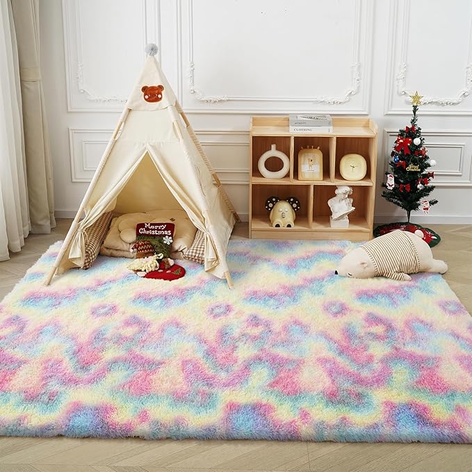 Rainbow Fluffy Rug Shaggy Area Rug, 6x9 Area Rugs for Girls Bedroom, Big Soft Shaggy Bedside Non-Slip Plush Dorm Nursery Kids Carpet Home Decor Aesthetic