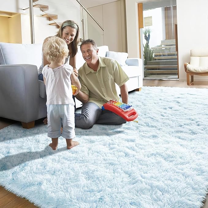 YJ.GWL Area Rugs for Living Room Bedroom, 8x10 Machine Washable Large Light Blue Carpet, Soft Fluffy Shaggy Thick Big Shag Indoor Floor Rug for Kids Boy and Girls Room Dorm Home Decor Aesthetic