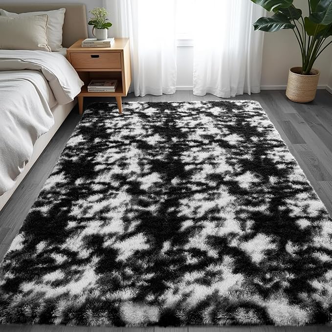 Zentavio Black and White Area Rugs for Living Room Rugs for Bedroom 4x6 Soft Carpet Fluffy Furry Shag Aesthetic Plush High Pile Gray Throw Rug for Nursery Kids Room Dorm Tie-Dyed