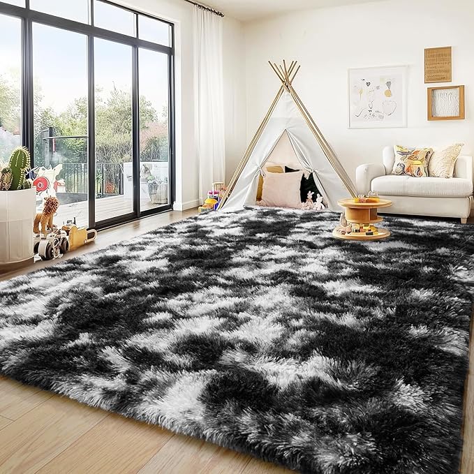 Black and White Rug for Living Room, 9x12 Fluffy Plush Area Rugs Anti-Skid Floor Carpets, Ultra Soft Modern Indoor Shag Rug for Bedroom Kids Room Nursery Dorm Home Decor Aesthetic