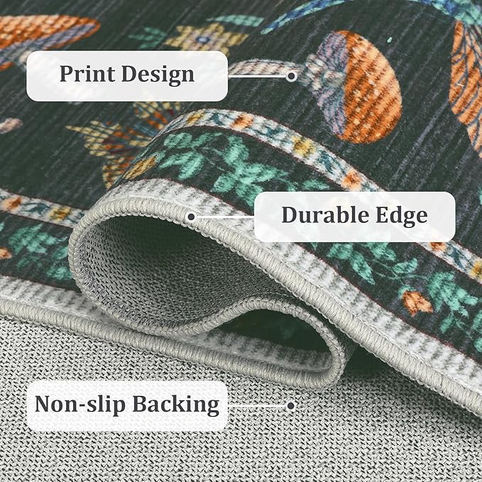 2.5x10 Runner Rug for Hallway Washable Kitchen Rugs Non Slip with Rubber Back Mushroom Soft Low-Pile Stain Resistant Foldable Indoor Carpet for Entryway Laundry Room Floor Mats Black