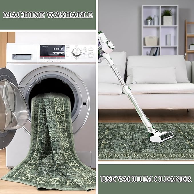 Anidaroel Runners for Hallways 2x6 Non Slip, Washable Kitchen Runner Rug, Vintage Boho Bathroom Runner Rug, Soft Indoor Throw Carpet Runner for Laundry Room Entryway, Dark Green