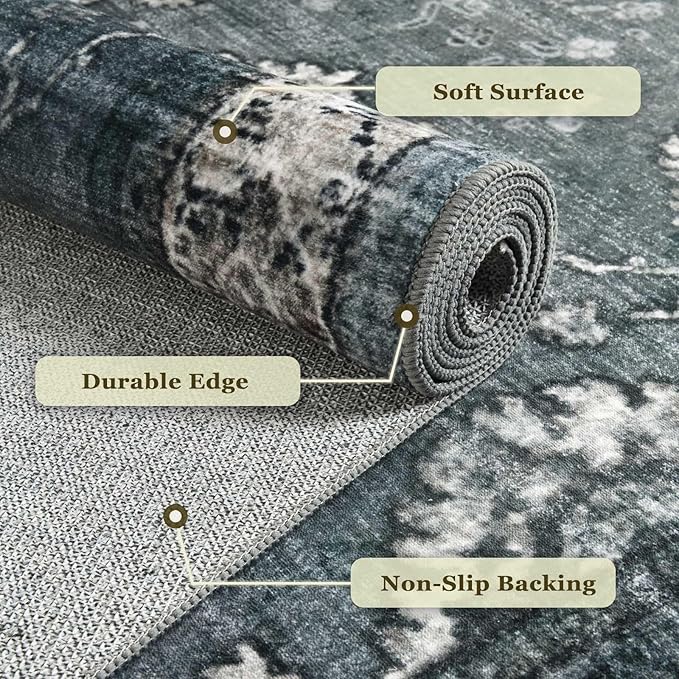 3x5 Washable Area Rugs for Living Room Stain-Resistant Bedroom Rug with Non-Shedding &Slip Faux Wool,Vintage Floral Aesthetic Carpet Foldable for Indoor Dining Room