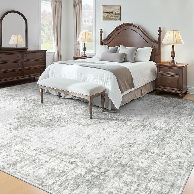 10x14 Area Rugs Washable Rug: Large Vintage Living Room Rug with Non-Slip Backing Low Pile Rugs Soft Indoor Floor Thin Carpet Neutral Carpets for Bedroom Dining Room Farmhouse Nursery Gray/Ivory