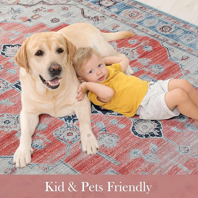 Vintage 3x5 Rug, Entryway Rug with Non Slip Backing, Soft Washable Area Rug for Indoor Entry, Low Pile Stain Resistant Non-Shedding Carpet for Bedroom, Living Room, Entryway, Red Blue